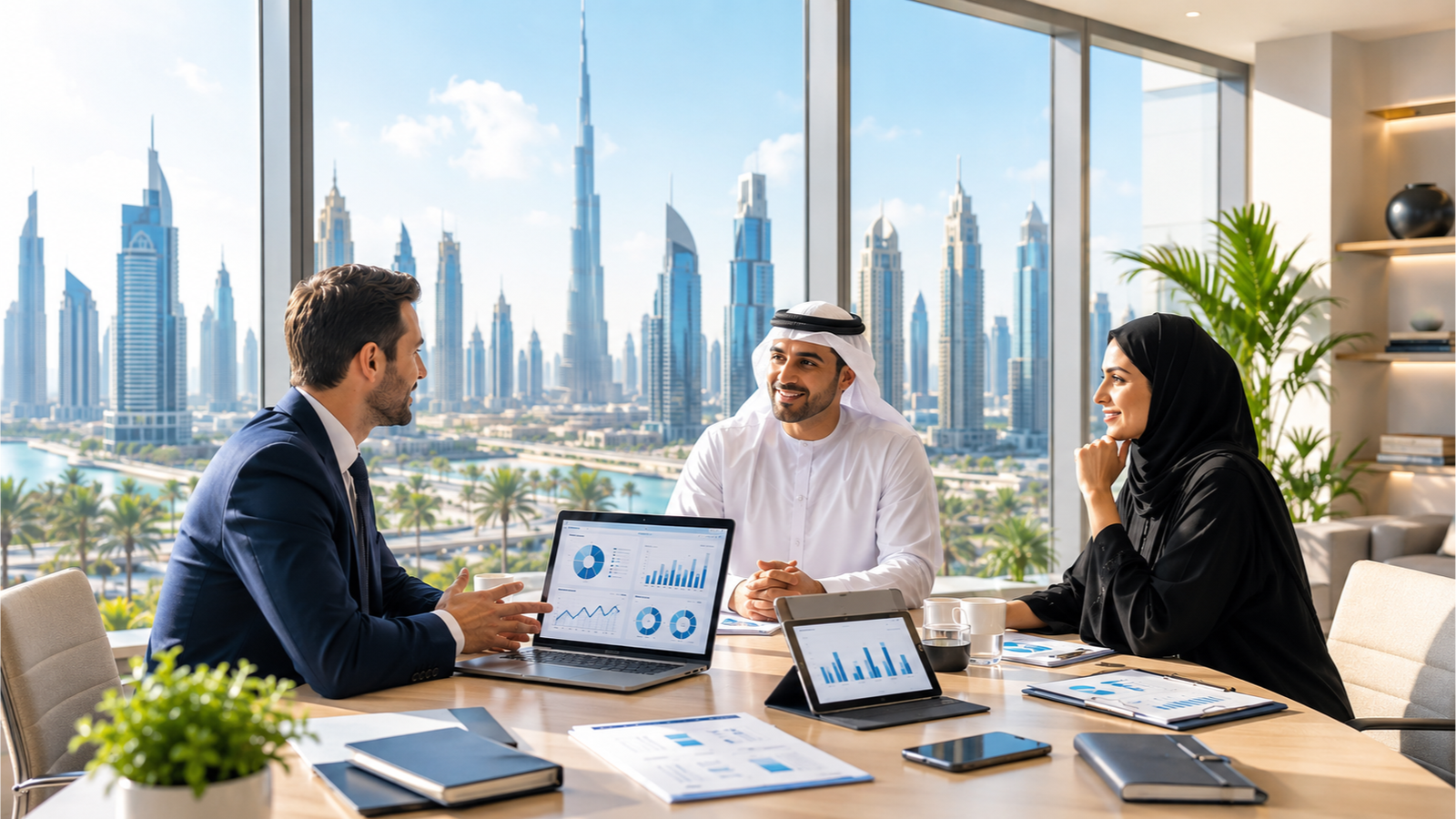 Team discussing business expansion in UAE
